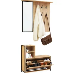 Vestiaire d’entrée avec miroir et range-chaussures style industriel