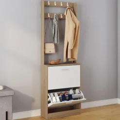 Vestiaire d’entrée meuble à chaussures 2 portes effet bois et blanc