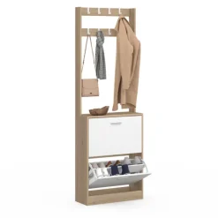 Vestiaire d’entrée meuble à chaussures 2 portes effet bois et blanc