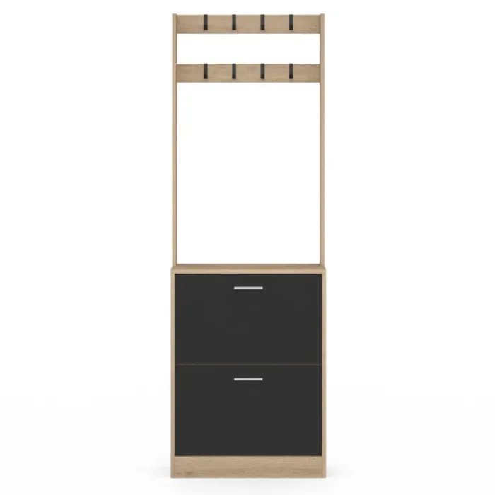 Vestiaire d'entrée meuble chaussures 2 portes effet bois et noir