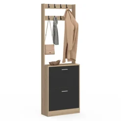 Vestiaire d'entrée meuble chaussures 2 portes effet bois et noir
