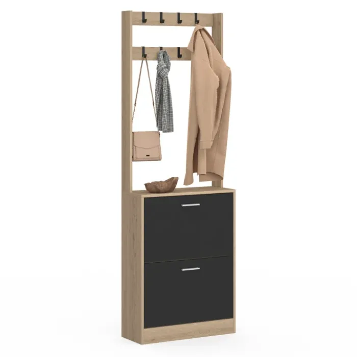 Vestiaire d'entrée meuble chaussures 2 portes effet bois et noir