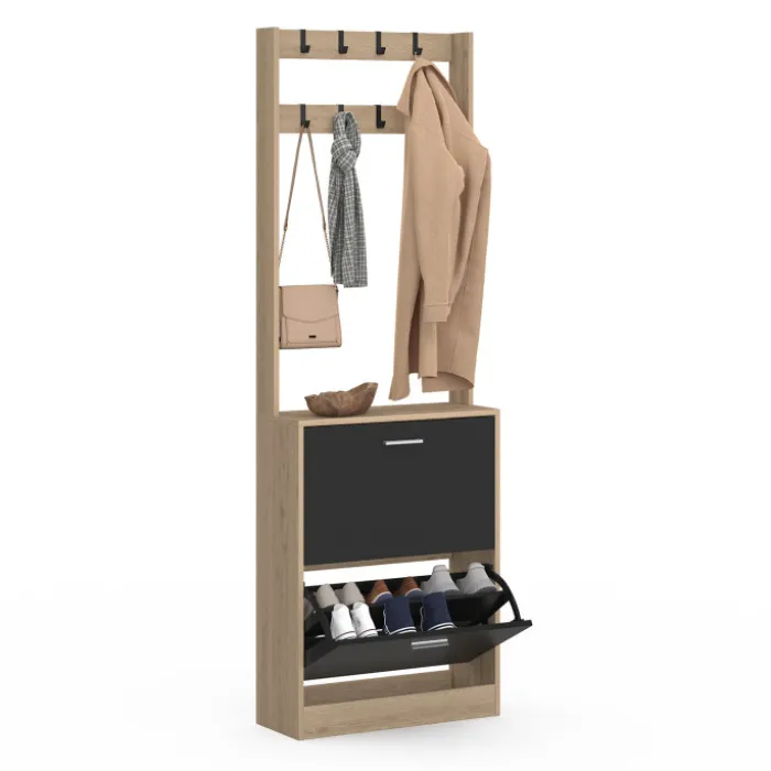 Vestiaire d'entrée meuble chaussures 2 portes effet bois et noir