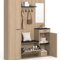 Vestiaire d'entrée rangement chaussures avec miroir et étagères MAHAUT XXL maxi capacité effet bois et noir