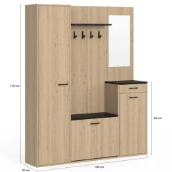 Vestiaire d'entrée rangement chaussures avec miroir et étagères MAHAUT XXL maxi capacité effet bois et noir