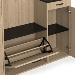 Vestiaire d'entrée rangement chaussures avec miroir et étagères MAHAUT XXL maxi capacité effet bois et noir