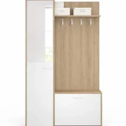 Vestiaire d'entrée rangement chaussures avec miroir et étagères 1 porte effet bois et noir