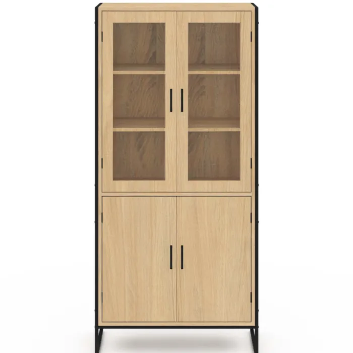Vitrine buffet haut industriel 176 cm avec portes et étagères