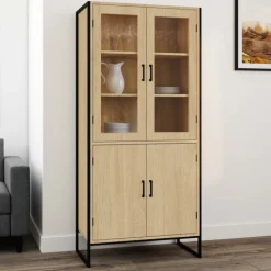 Vitrine buffet haut industriel 176 cm avec portes et étagères